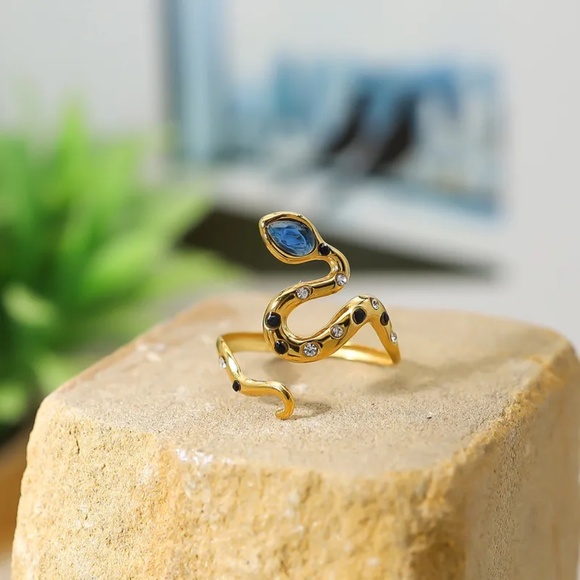 3/$35 14K Gold Plated Open Ring Snake Blue Black Gemstone Steel Cubic Zirconia - Picture 1 of 7